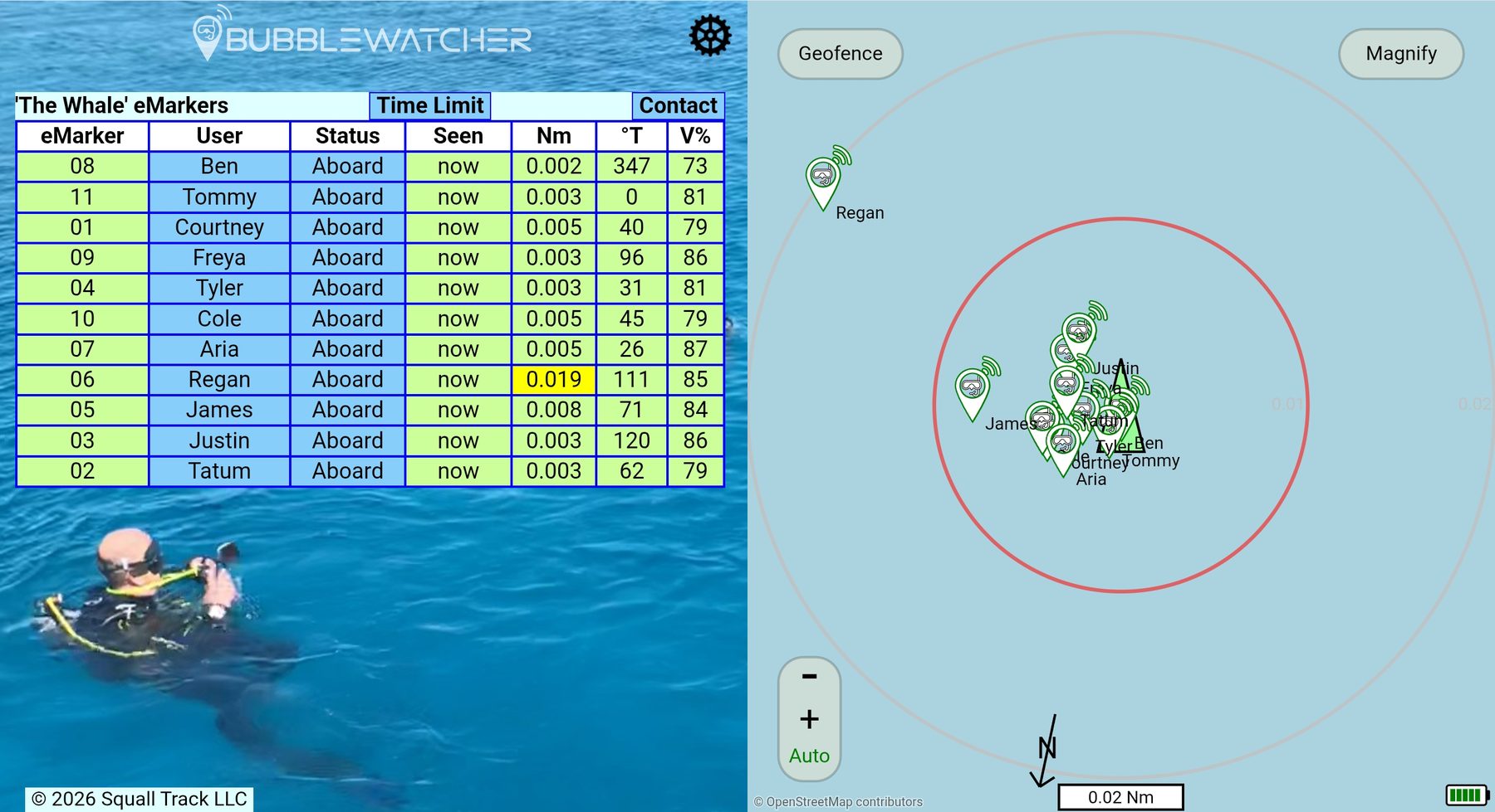 The BubbleWatcher screen — the diver list with distance and bearing, and the boat-centred map with the geofence set